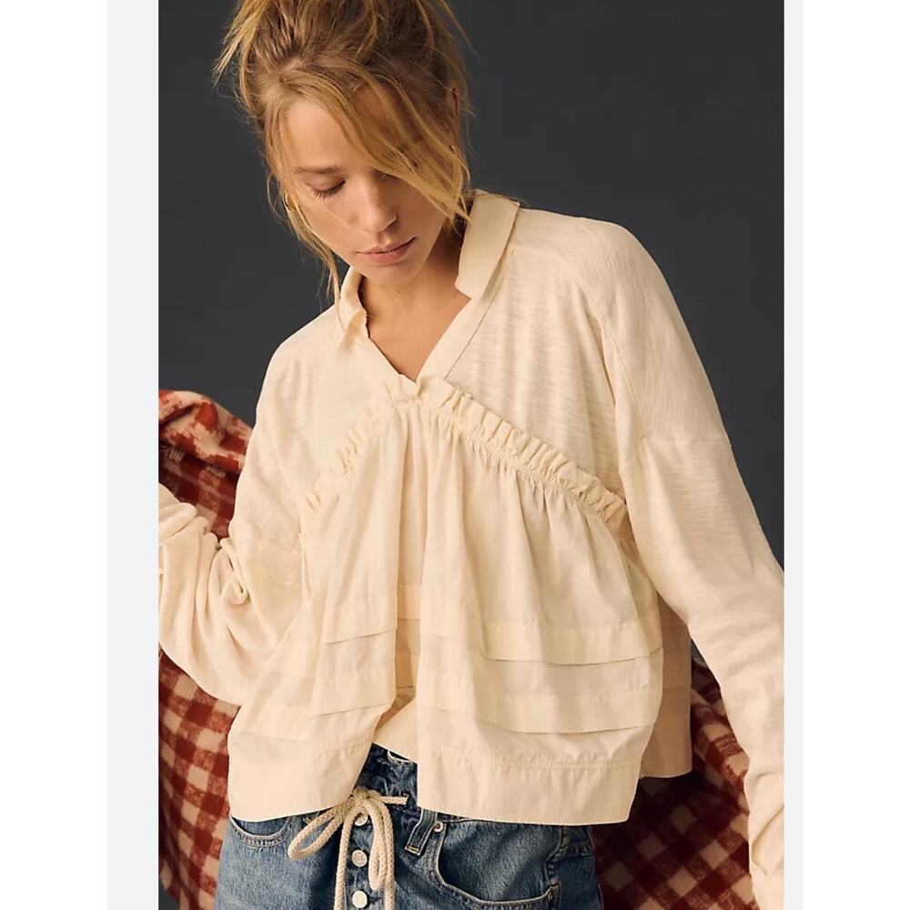 Pilcro Long Sleeve V Neck Ruffled Babydoll Top Neutral Cream L